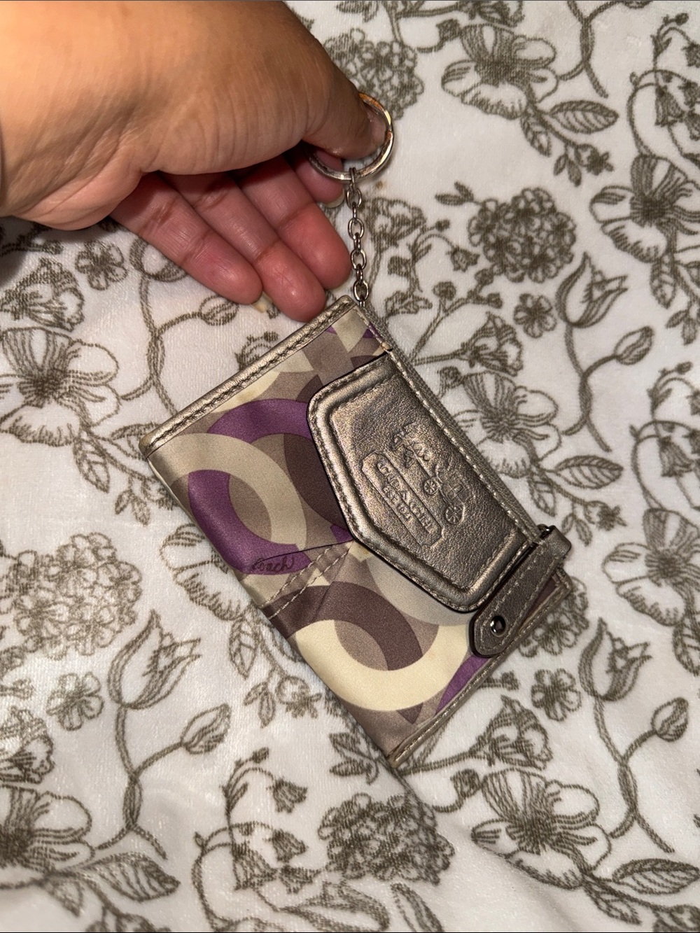 Coach Signature Card Case Keychain in Purple and Metallic Gold